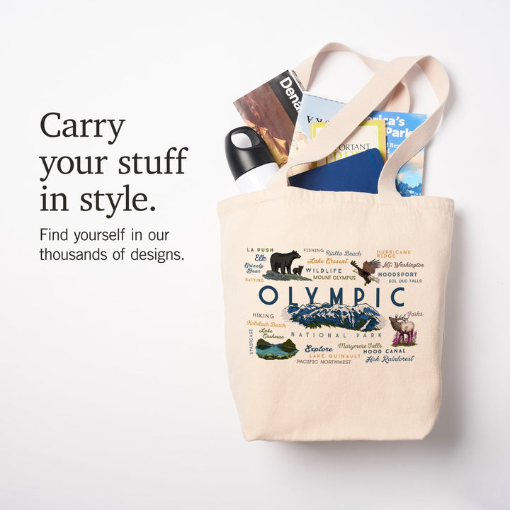 Olympic National Park, Washington, Mountain Range, Typography and Icons, Tote Bag Totes Lantern Press 