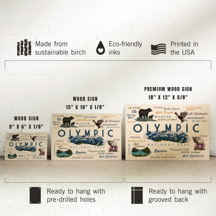 Olympic National Park, Washington, Mountain Range, Typography and Icons, Wood Signs and Postcards Wood Lantern Press 