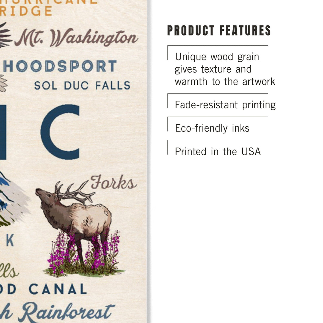 Olympic National Park, Washington, Mountain Range, Typography and Icons, Wood Signs and Postcards Wood Lantern Press 