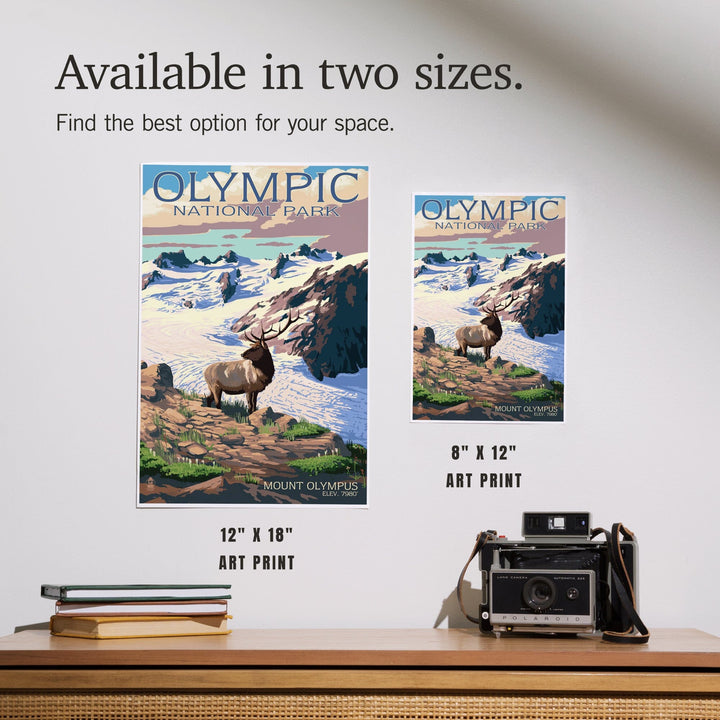 Olympic National Park, Washington, Mt. Olympus and Elk, Art & Giclee Prints Art Lantern Press 