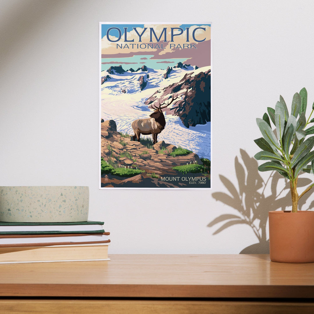 Olympic National Park, Washington, Mt. Olympus and Elk, Art & Giclee Prints Art Lantern Press 