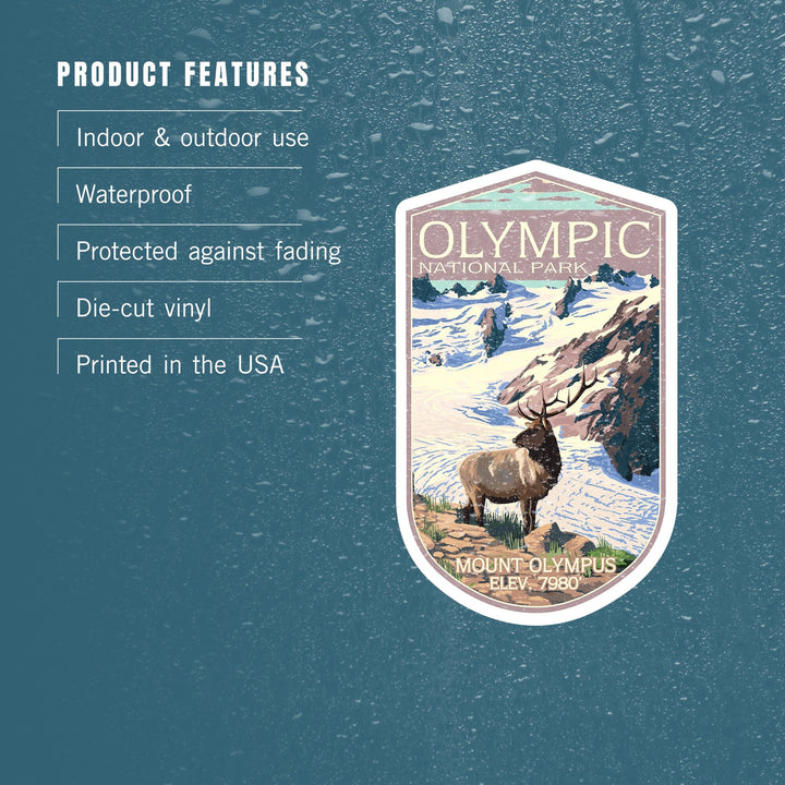 Olympic National Park, Washington, Mt. Olympus and Elk, Contour, Vinyl Sticker Sticker Lantern Press 