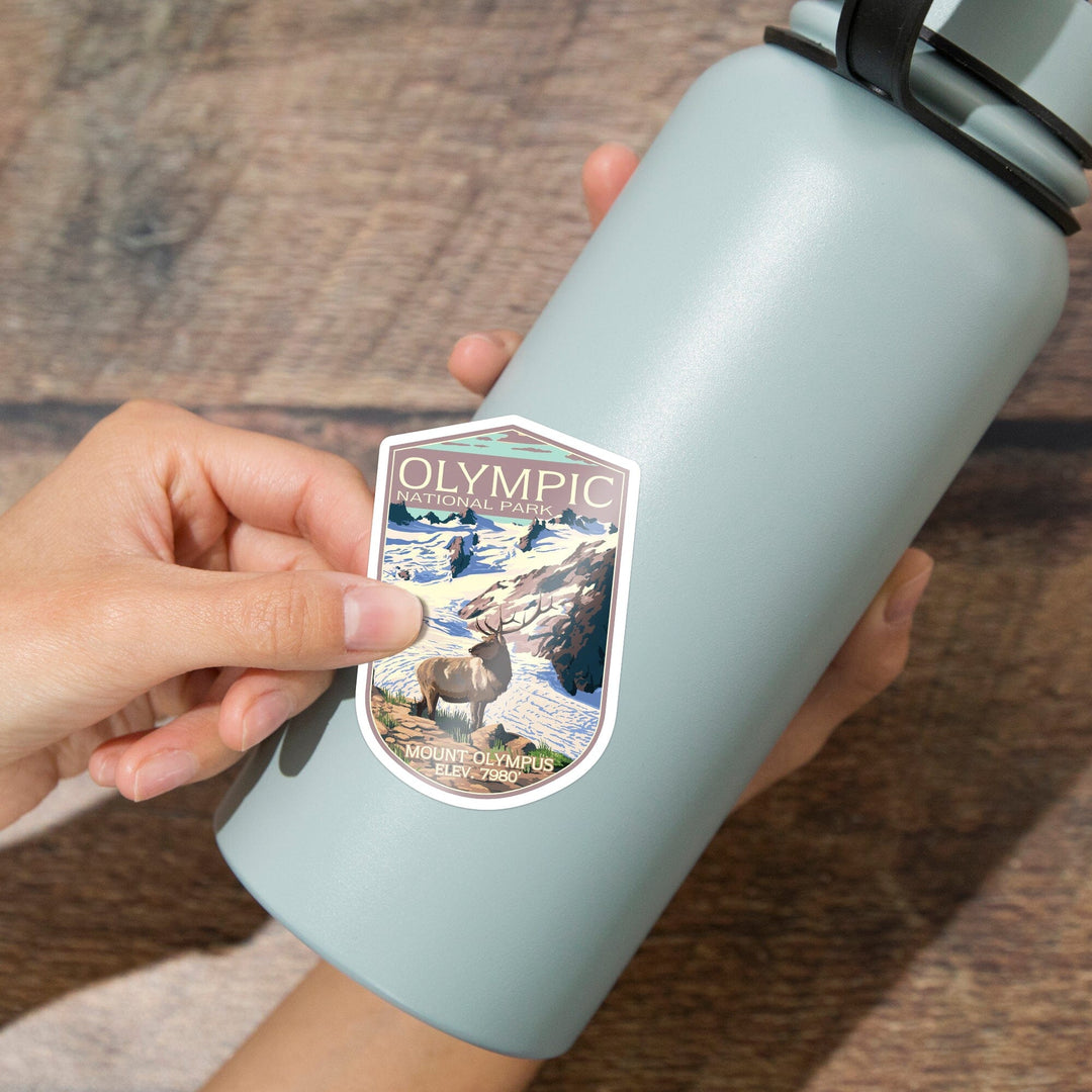 Olympic National Park, Washington, Mt. Olympus and Elk, Contour, Vinyl Sticker Sticker Lantern Press 