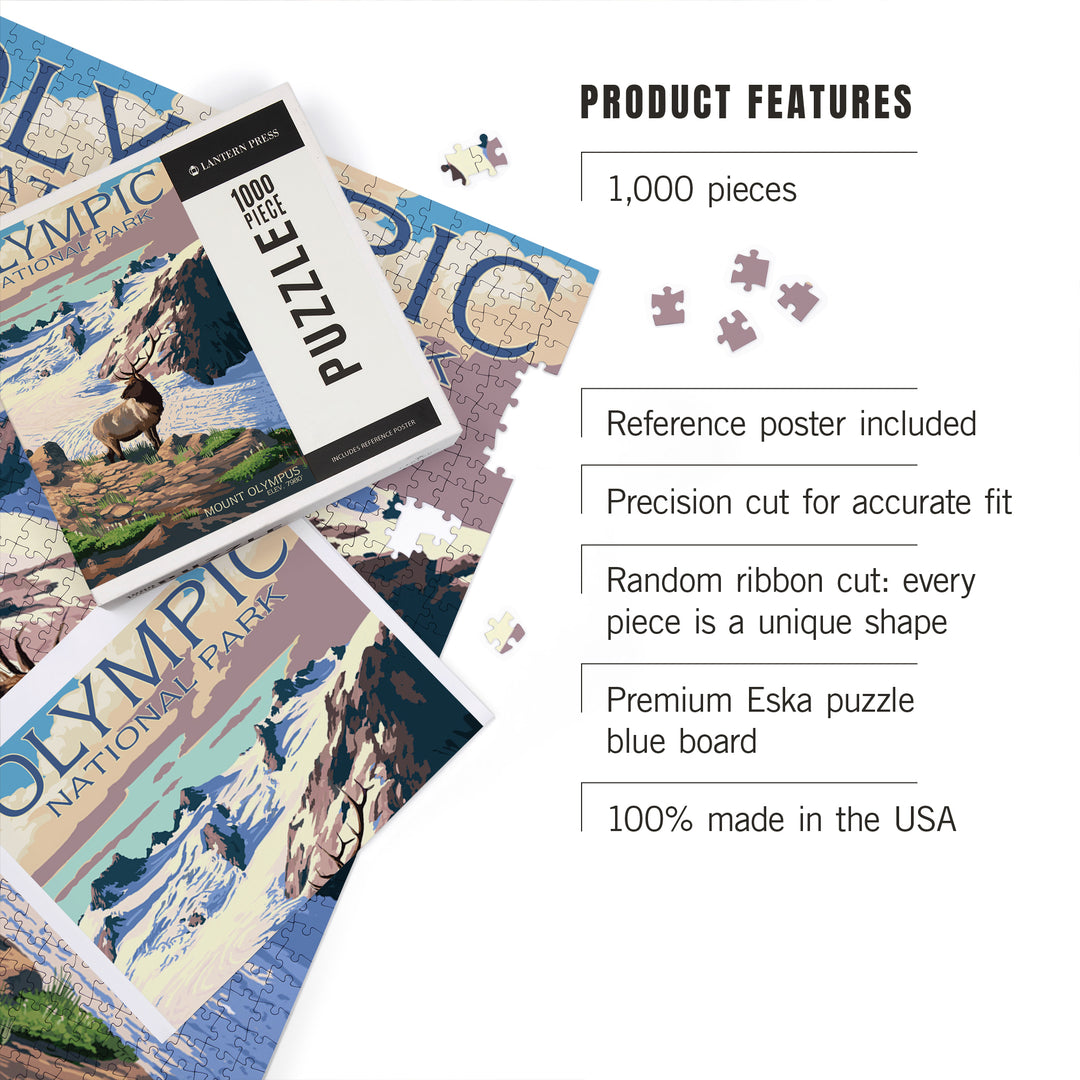 Olympic National Park, Washington, Mt. Olympus and Elk, Jigsaw Puzzle Puzzle Lantern Press 