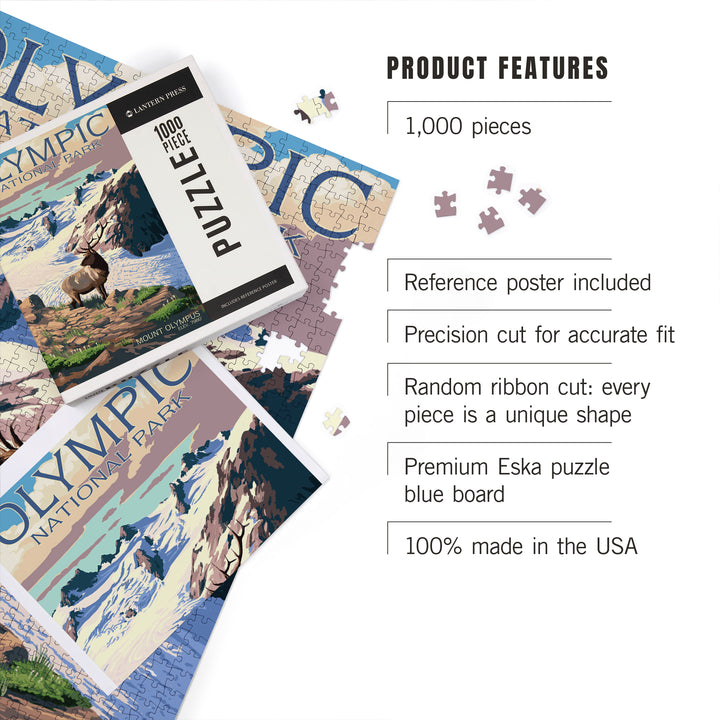 Olympic National Park, Washington, Mt. Olympus and Elk, Jigsaw Puzzle Puzzle Lantern Press 