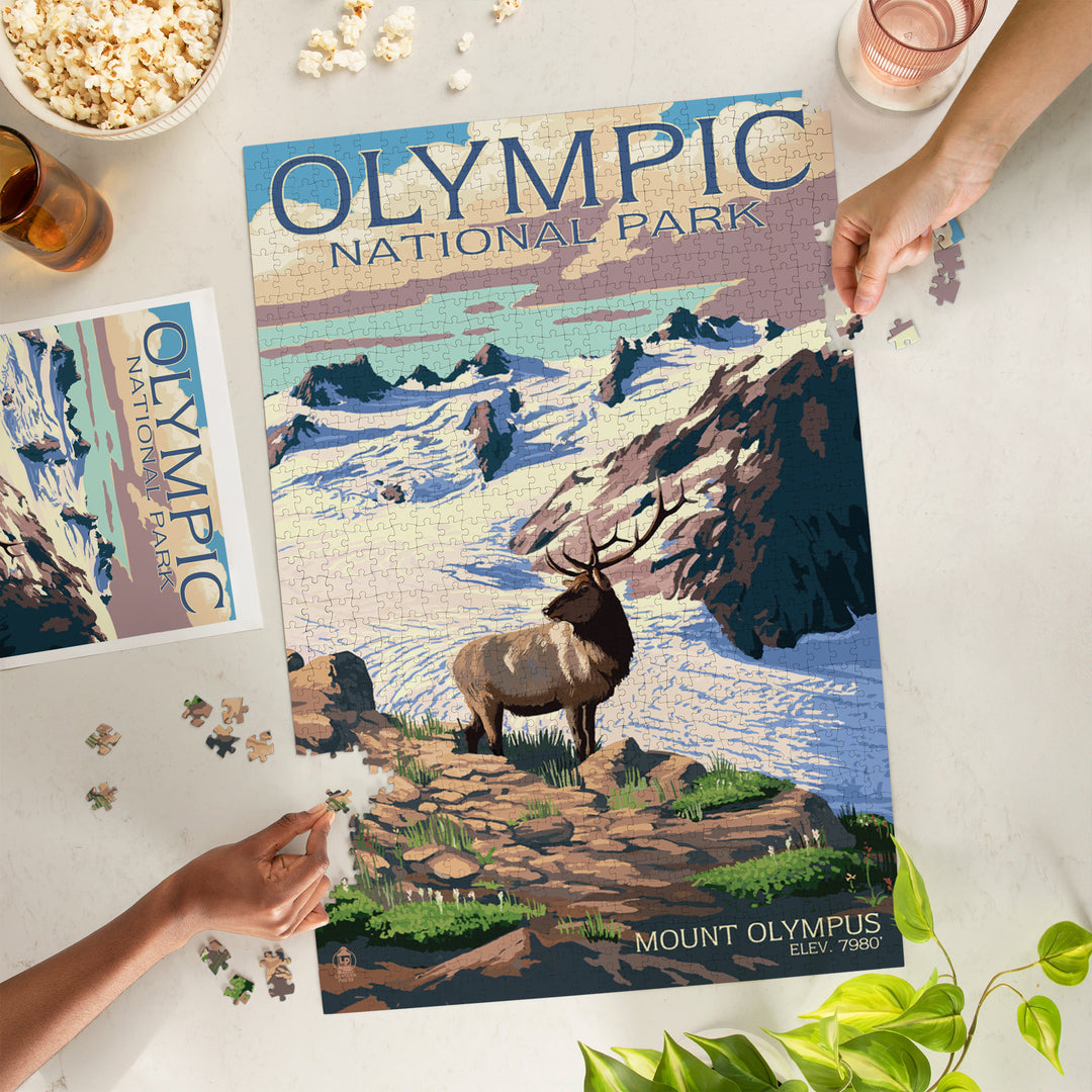 Olympic National Park, Washington, Mt. Olympus and Elk, Jigsaw Puzzle Puzzle Lantern Press 