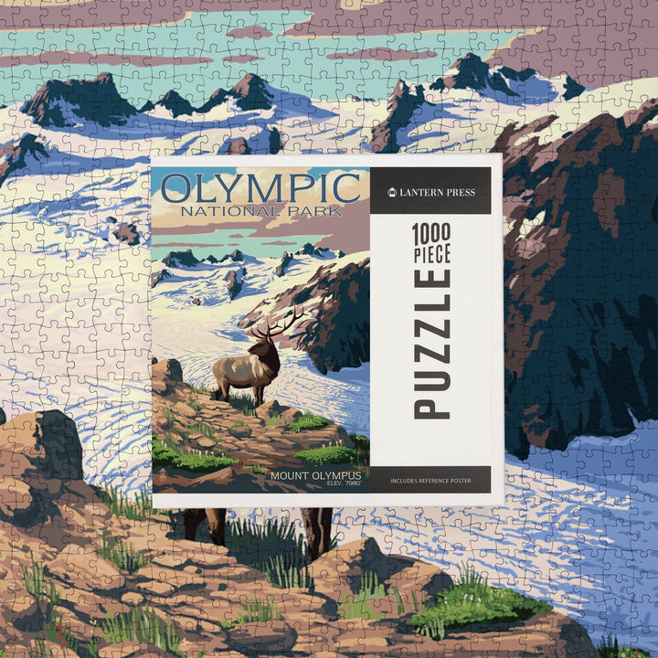 Olympic National Park, Washington, Mt. Olympus and Elk, Jigsaw Puzzle Puzzle Lantern Press 