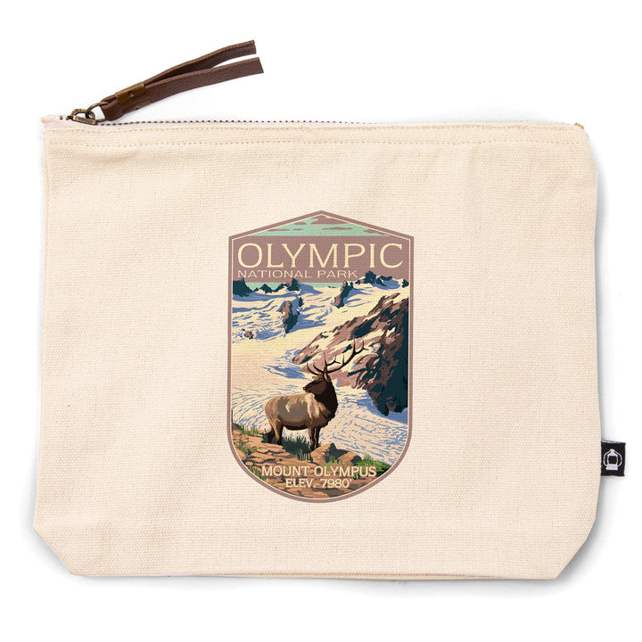Olympic National Park, Washington, Mt. Olympus and Elk, Organic Cotton Zipper Pouch, Go Bag Go Bag Lantern Press 