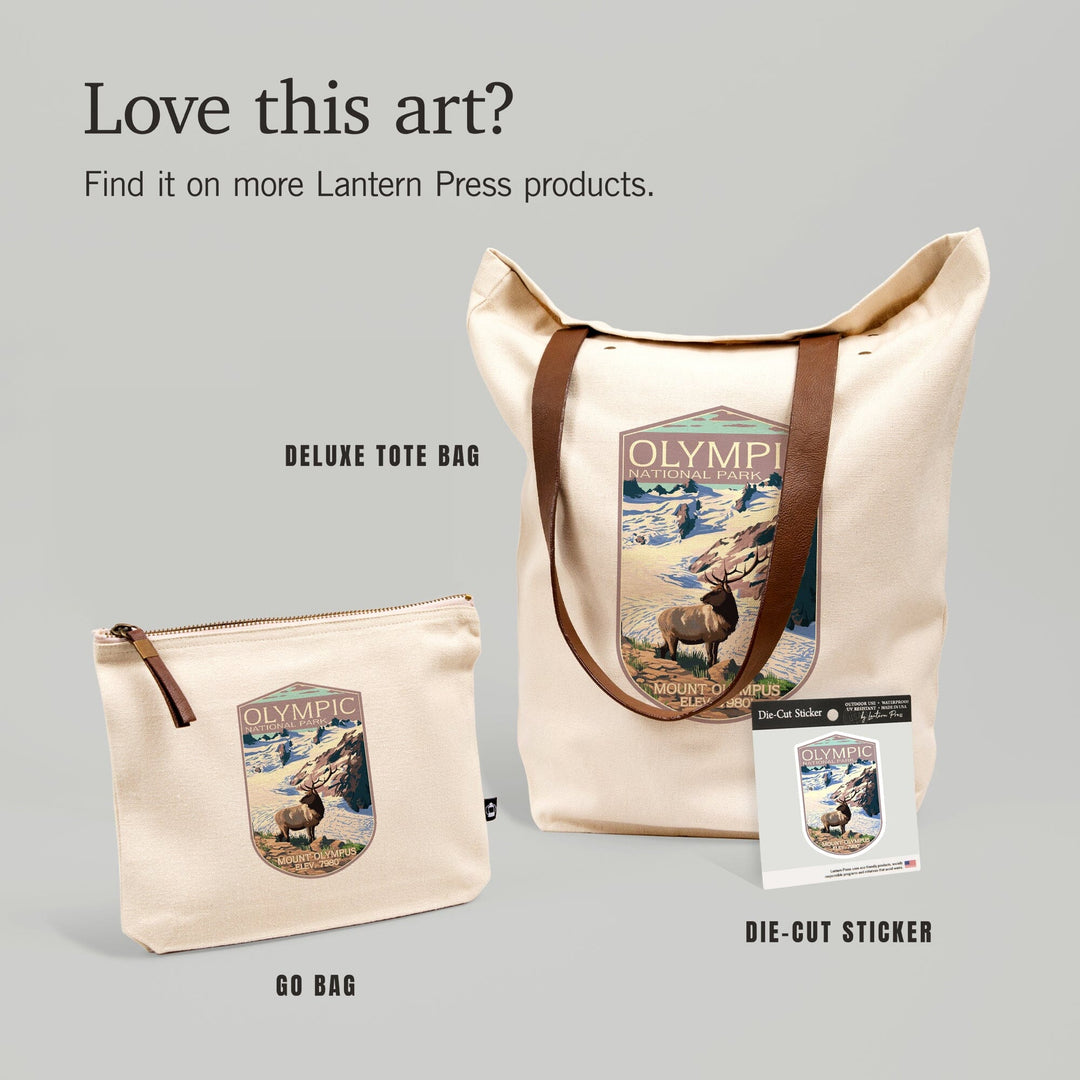 Olympic National Park, Washington, Mt. Olympus and Elk, Organic Cotton Zipper Pouch, Go Bag Go Bag Lantern Press 