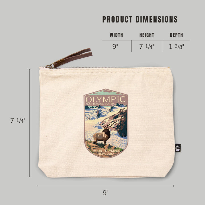 Olympic National Park, Washington, Mt. Olympus and Elk, Organic Cotton Zipper Pouch, Go Bag Go Bag Lantern Press 