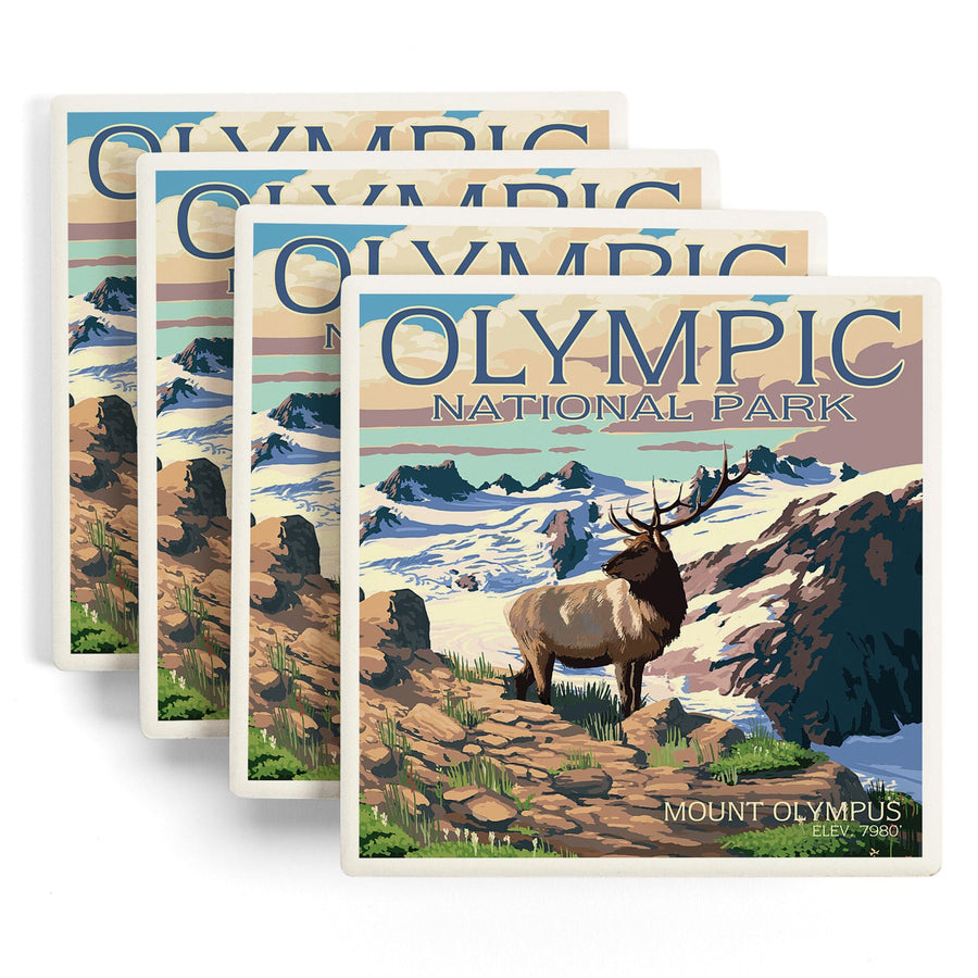 Olympic National Park, Washington, Mt. Olympus & Elk, Lantern Press Artwork, Coaster Set Coasters Lantern Press 