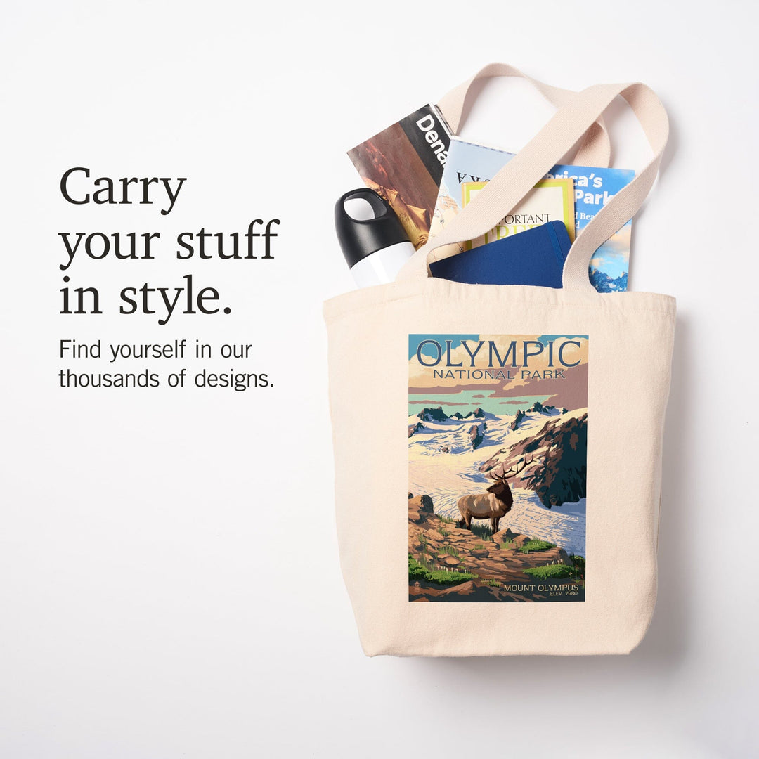 Olympic National Park, Washington, Mt. Olympus & Elk, Lantern Press Artwork, Tote Bag Totes Lantern Press 