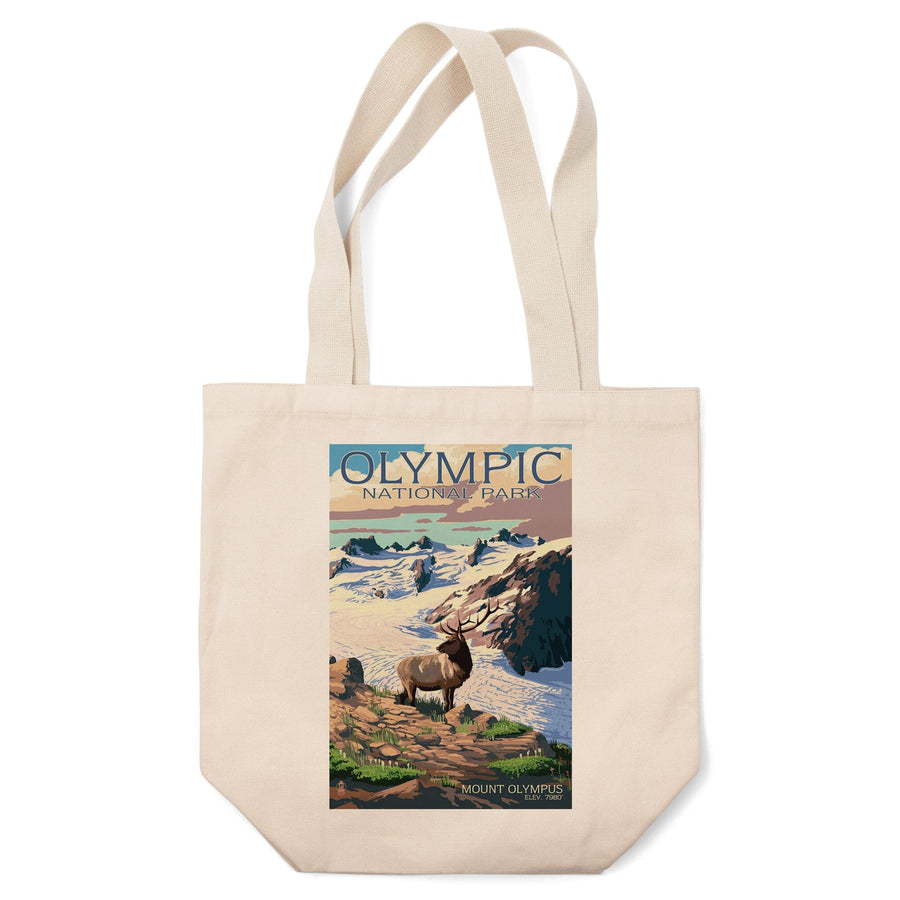 Olympic National Park, Washington, Mt. Olympus & Elk, Lantern Press Artwork, Tote Bag Totes Lantern Press 