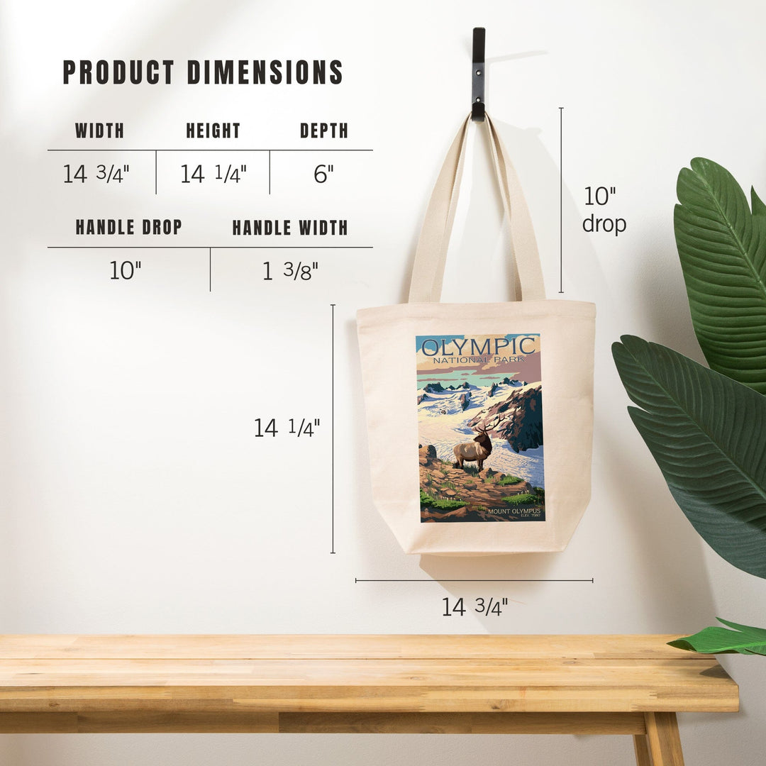 Olympic National Park, Washington, Mt. Olympus & Elk, Lantern Press Artwork, Tote Bag Totes Lantern Press 