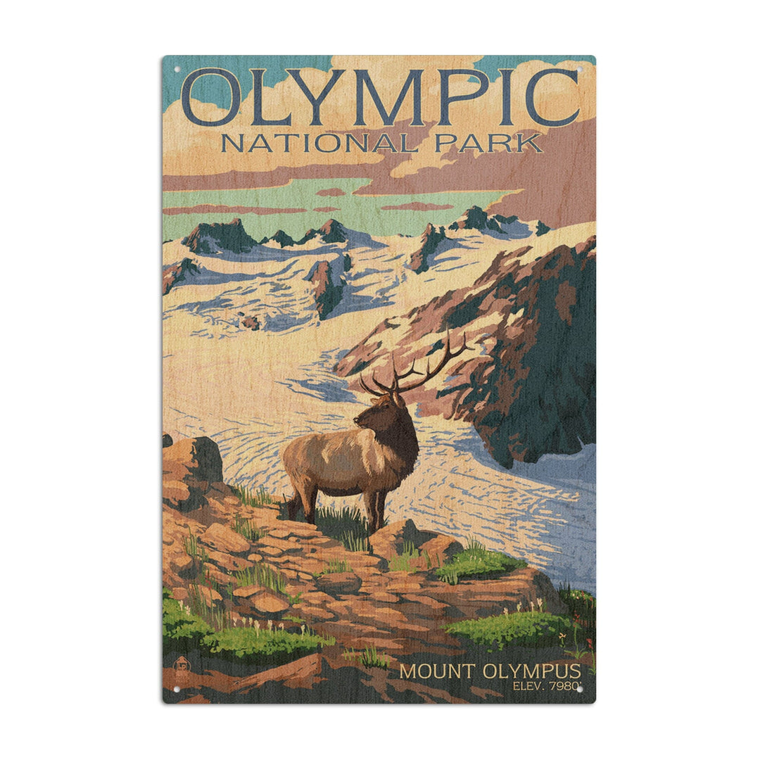 Olympic National Park, Washington, Mt. Olympus & Elk, Lantern Press Artwork, Wood Signs and Postcards Wood Lantern Press 10 x 15 Wood Sign 