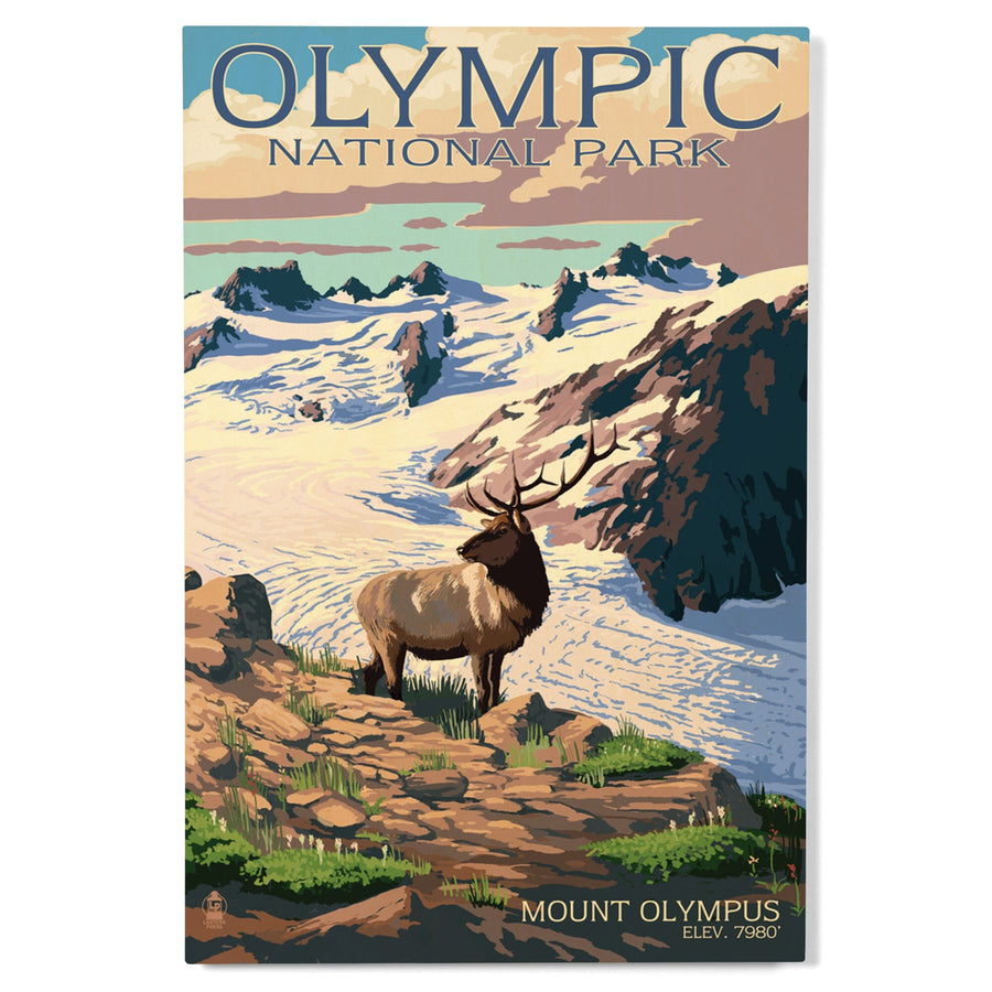 Olympic National Park, Washington, Mt. Olympus & Elk, Lantern Press Artwork, Wood Signs and Postcards Wood Lantern Press 