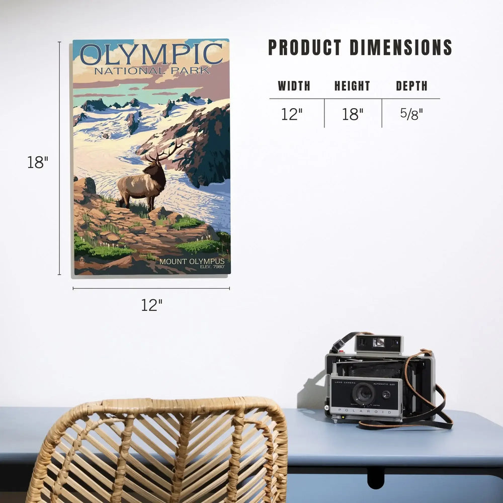 Olympic National Park, Washington, Mt. Olympus & Elk, Lantern Press Artwork, Wood Signs and Postcards Wood Lantern Press 