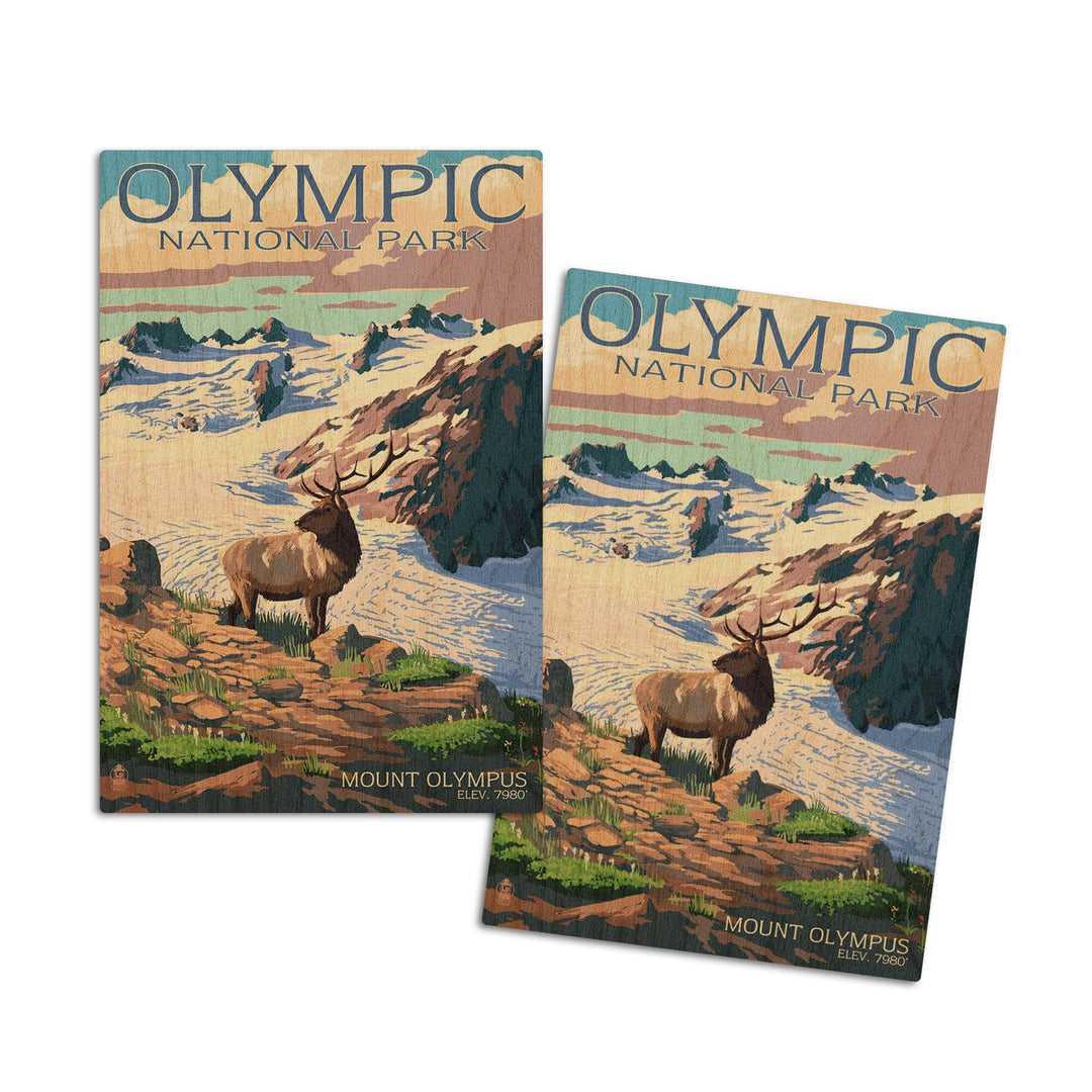 Olympic National Park, Washington, Mt. Olympus & Elk, Lantern Press Artwork, Wood Signs and Postcards Wood Lantern Press 4x6 Wood Postcard Set 