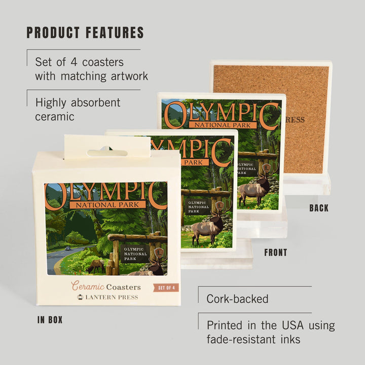Olympic National Park, Washington, Park Entrance and Elk, Coasters Coasters Lantern Press 