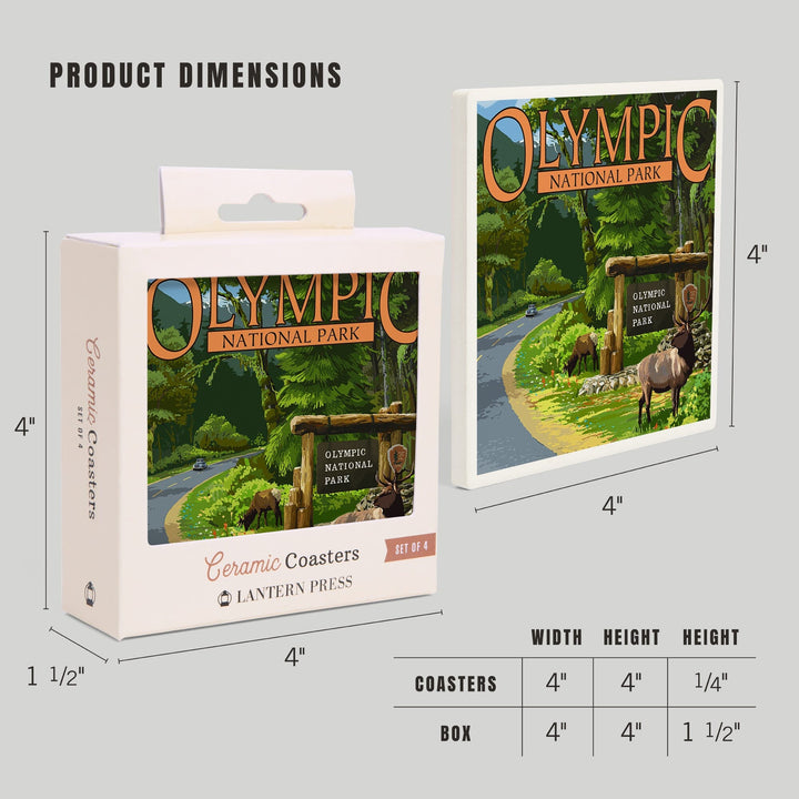 Olympic National Park, Washington, Park Entrance and Elk, Coasters Coasters Lantern Press 