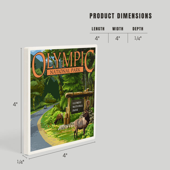 Olympic National Park, Washington, Park Entrance and Elk, Coasters Coasters Lantern Press 