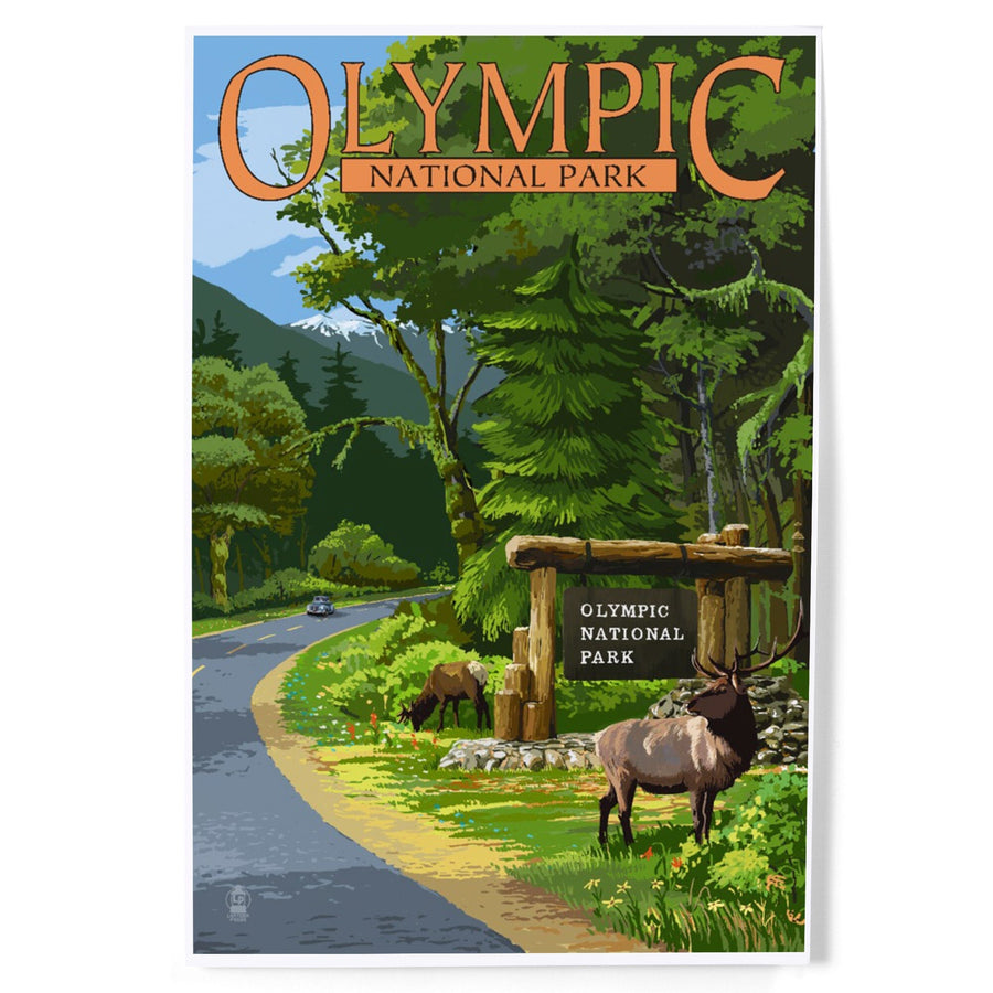Olympic National Park, Washington, Park Entrance and Elk, Without Shield, Art & Giclee Prints Art Lantern Press 