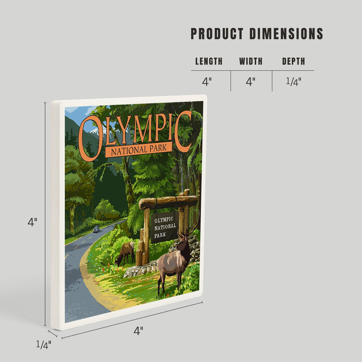 Olympic National Park, Washington, Park Entrance and Elk, Without Shield, Coasters Coasters Lantern Press 