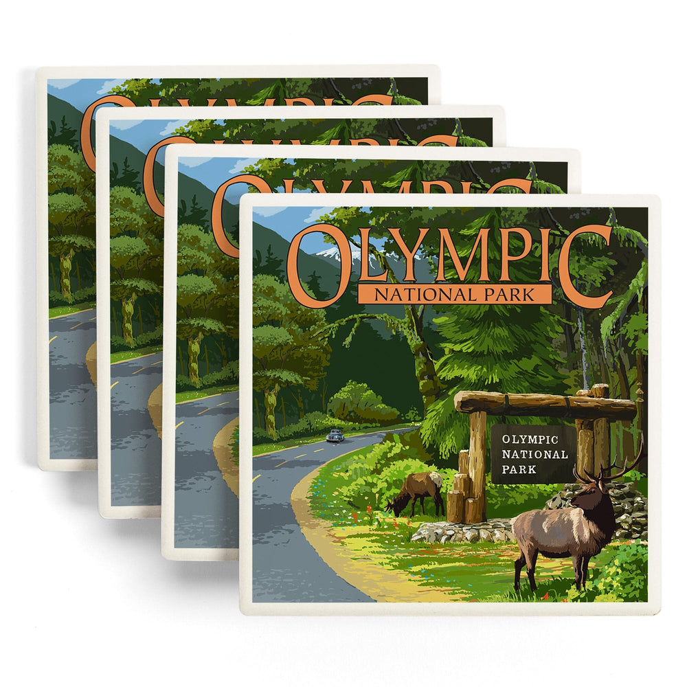 Olympic National Park, Washington, Park Entrance and Elk, Without Shield, Coasters Coasters Lantern Press 