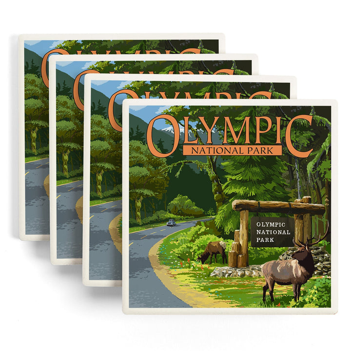 Olympic National Park, Washington, Park Entrance and Elk, Without Shield, Coasters Coasters Lantern Press 
