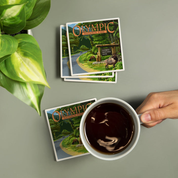 Olympic National Park, Washington, Park Entrance and Elk, Without Shield, Coasters Coasters Lantern Press 