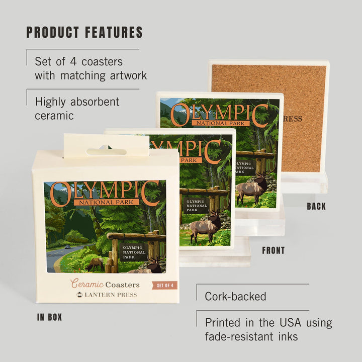 Olympic National Park, Washington, Park Entrance and Elk, Without Shield, Coasters Coasters Lantern Press 