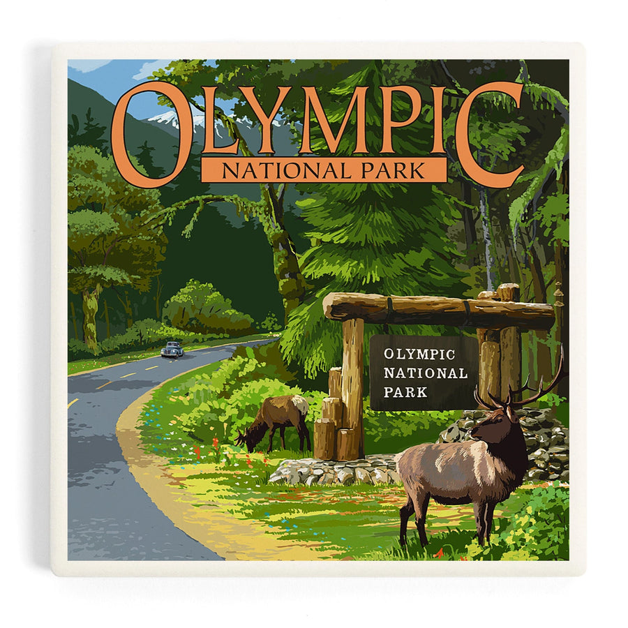 Olympic National Park, Washington, Park Entrance and Elk, Without Shield, Coasters Coasters Lantern Press 