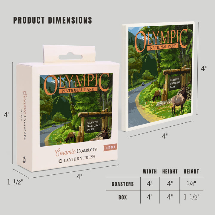 Olympic National Park, Washington, Park Entrance and Elk, Without Shield, Coasters Coasters Lantern Press 