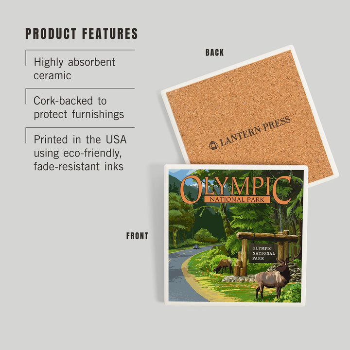 Olympic National Park, Washington, Park Entrance and Elk, Without Shield, Coasters Coasters Lantern Press 