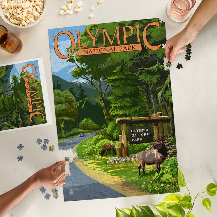 Olympic National Park, Washington, Park Entrance and Elk, Without Shield, Jigsaw Puzzle Puzzle Lantern Press 