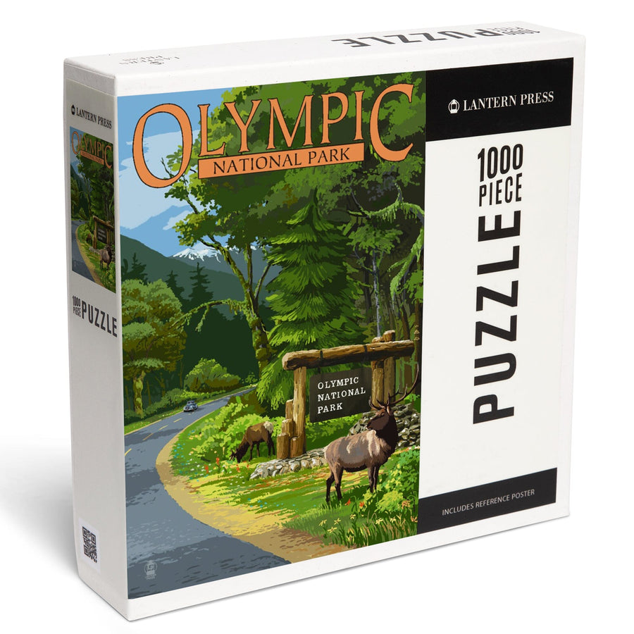 Olympic National Park, Washington, Park Entrance and Elk, Without Shield, Jigsaw Puzzle Puzzle Lantern Press 
