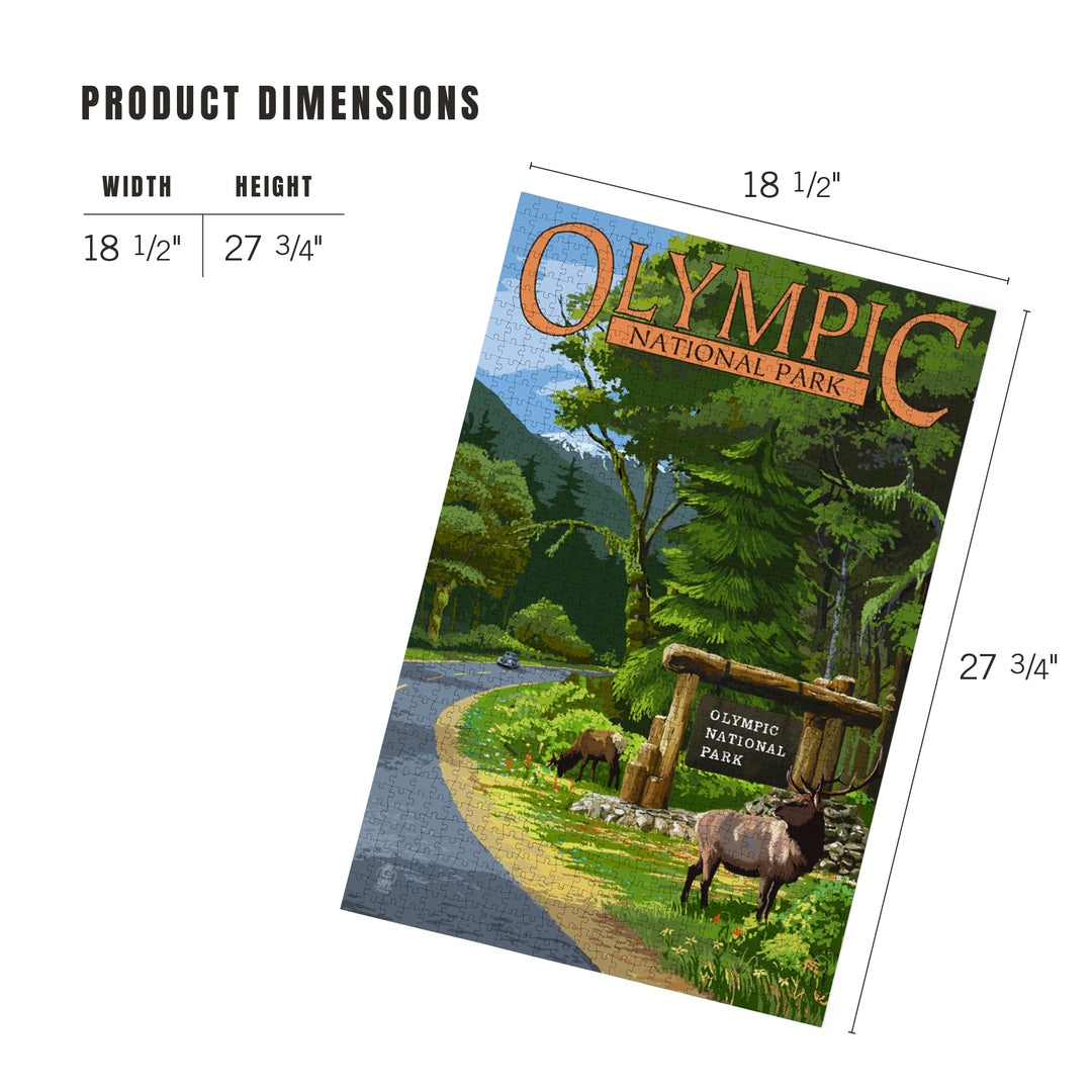 Olympic National Park, Washington, Park Entrance and Elk, Without Shield, Jigsaw Puzzle Puzzle Lantern Press 