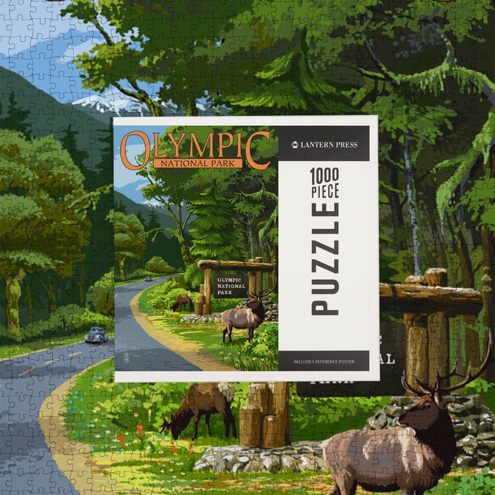 Olympic National Park, Washington, Park Entrance and Elk, Without Shield, Jigsaw Puzzle Puzzle Lantern Press 