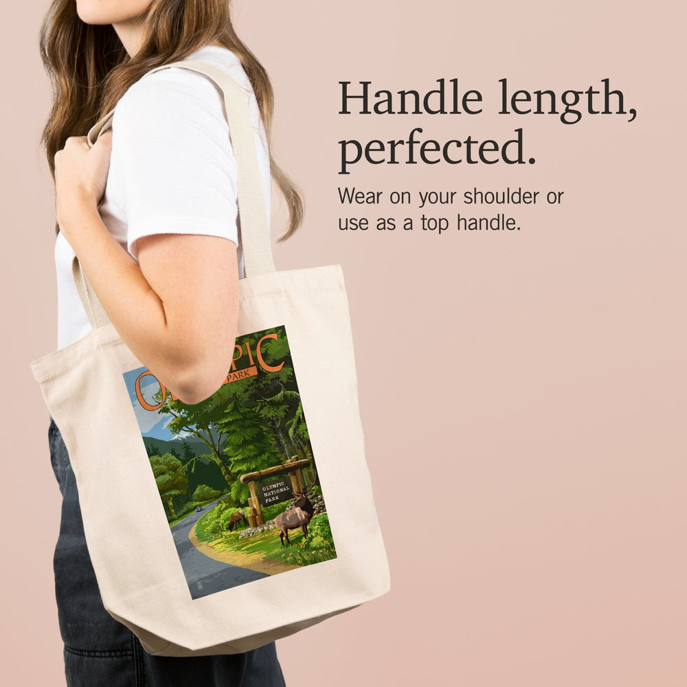 Olympic National Park, Washington, Park Entrance and Elk, Without Shield, Tote Bag Totes Lantern Press 