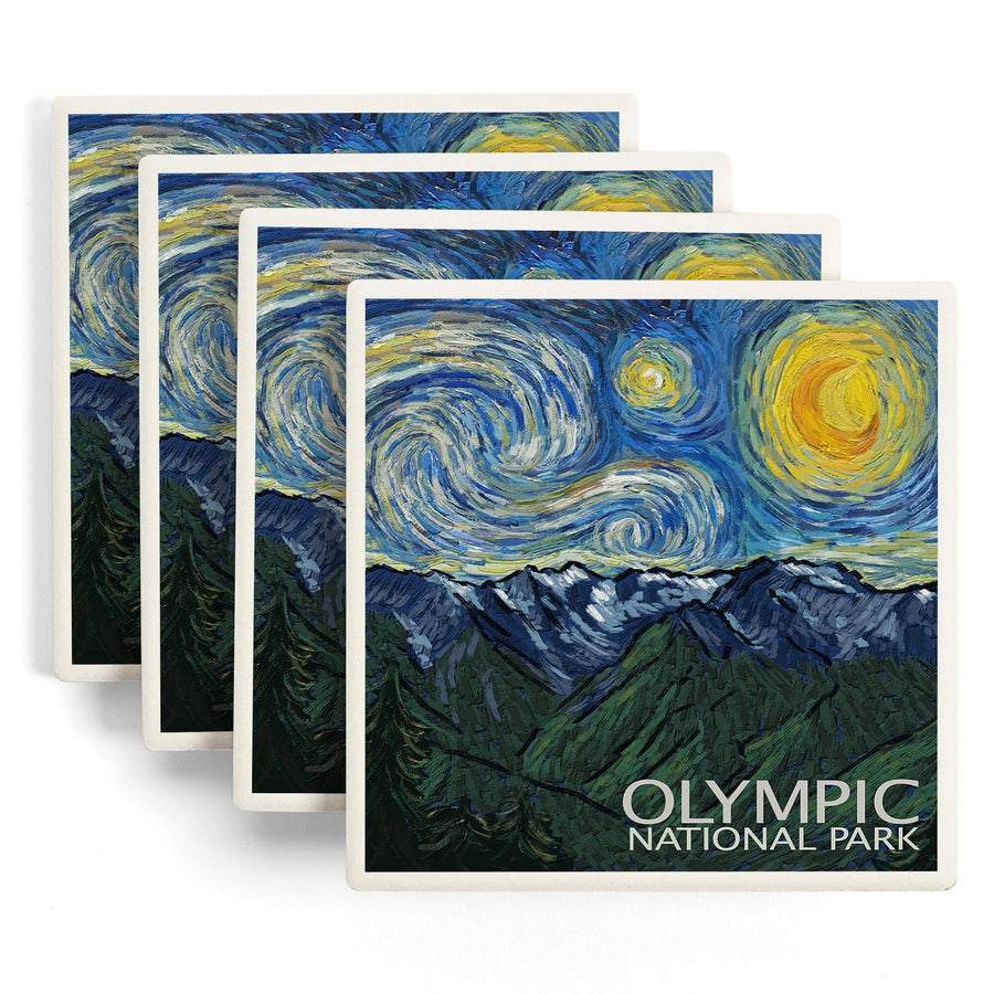 Olympic National Park, Washington, Starry Night National Park Series, Lantern Press Artwork, Coaster Set Coasters Lantern Press 