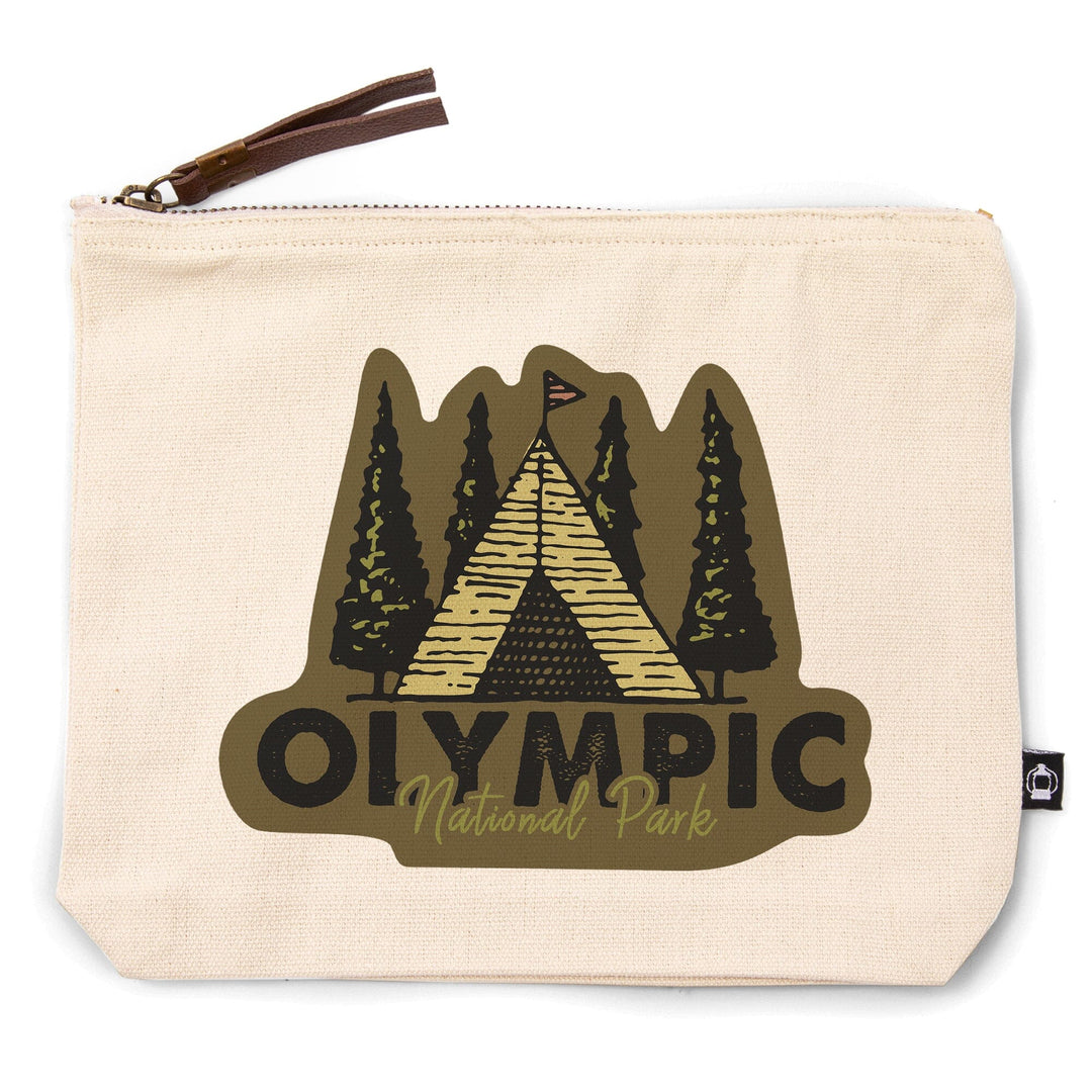 Olympic National Park, Washington, Tent and Trees,, Organic Cotton Zipper Pouch, Go Bag Go Bag Lantern Press 