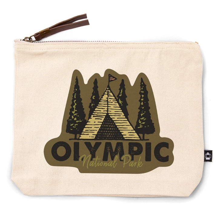 Olympic National Park, Washington, Tent and Trees,, Organic Cotton Zipper Pouch, Go Bag Go Bag Lantern Press 