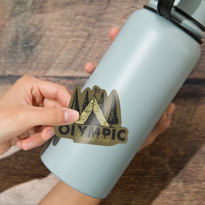 Olympic National Park, Washington, Tent & Trees, Contour, Lantern Press Artwork, Vinyl Sticker Sticker Lantern Press 