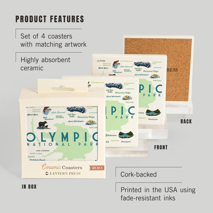Olympic National Park, Washington, Typography and Icons, Coasters Coasters Lantern Press 