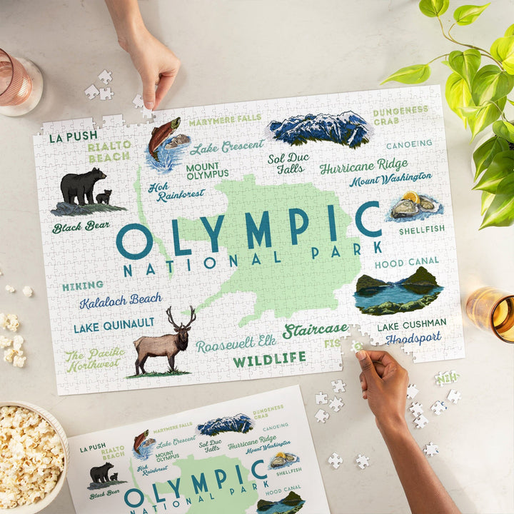 Olympic National Park, Washington, Typography and Icons, Jigsaw Puzzle Puzzle Lantern Press 