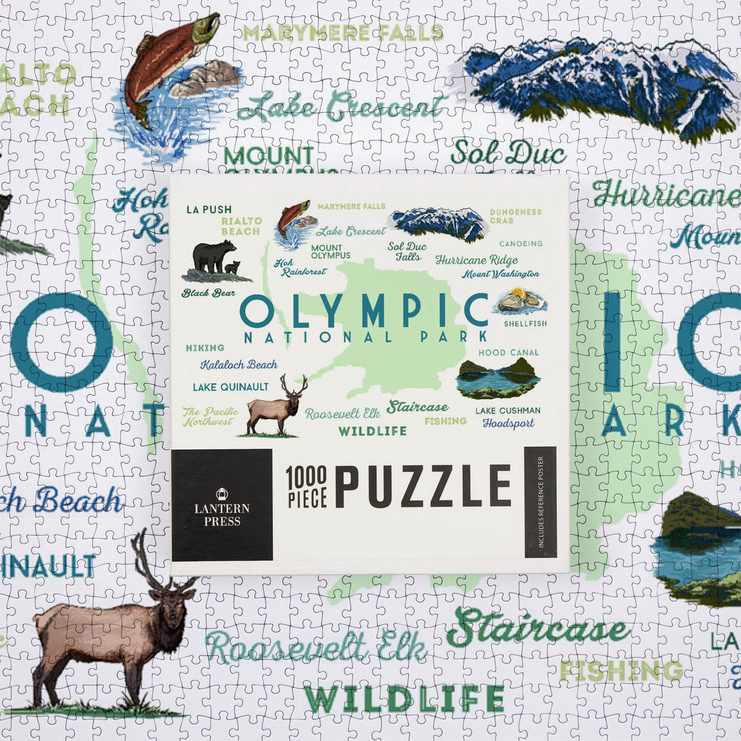 Olympic National Park, Washington, Typography and Icons, Jigsaw Puzzle Puzzle Lantern Press 