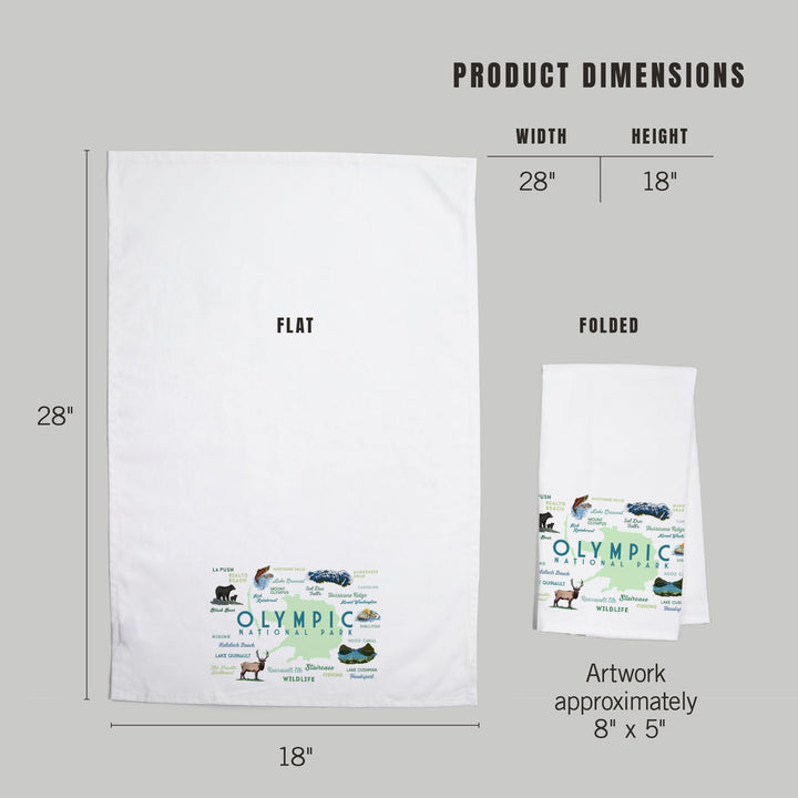 Olympic National Park, Washington, Typography and Icons, Organic Cotton Kitchen Tea Towels Kitchen Lantern Press 
