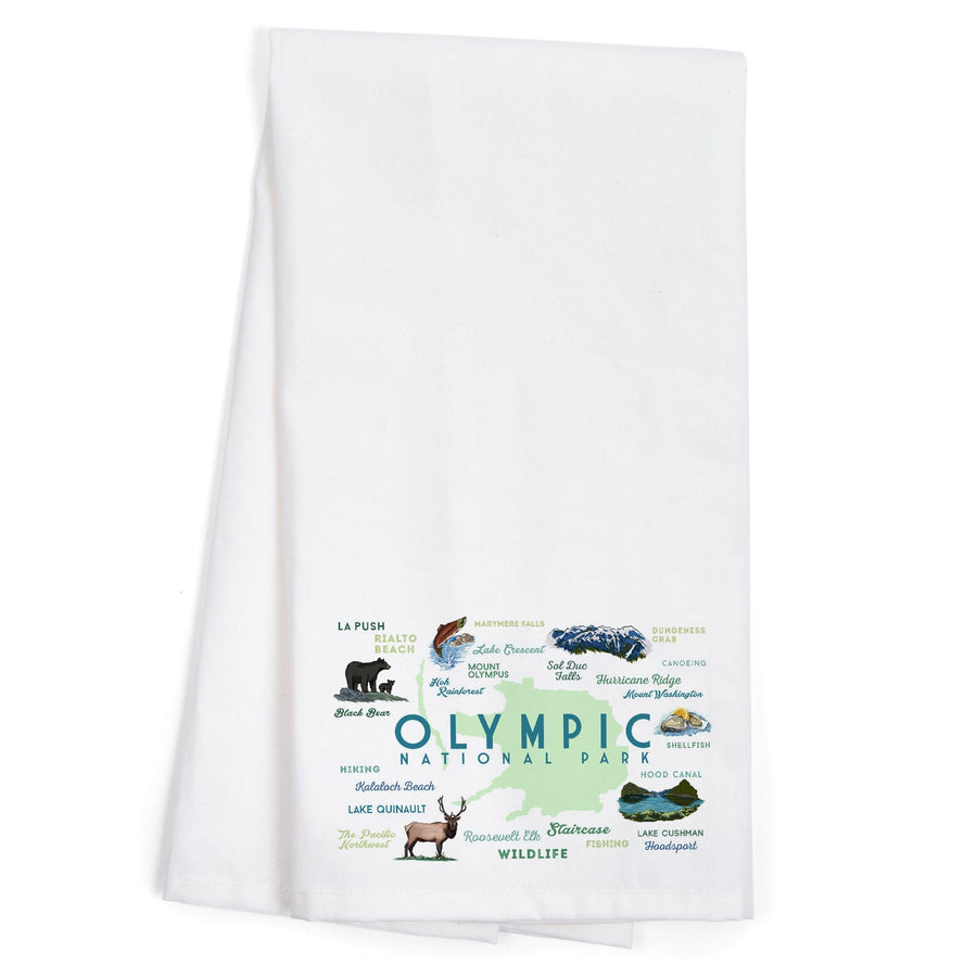 Olympic National Park, Washington, Typography and Icons, Organic Cotton Kitchen Tea Towels Kitchen Lantern Press 
