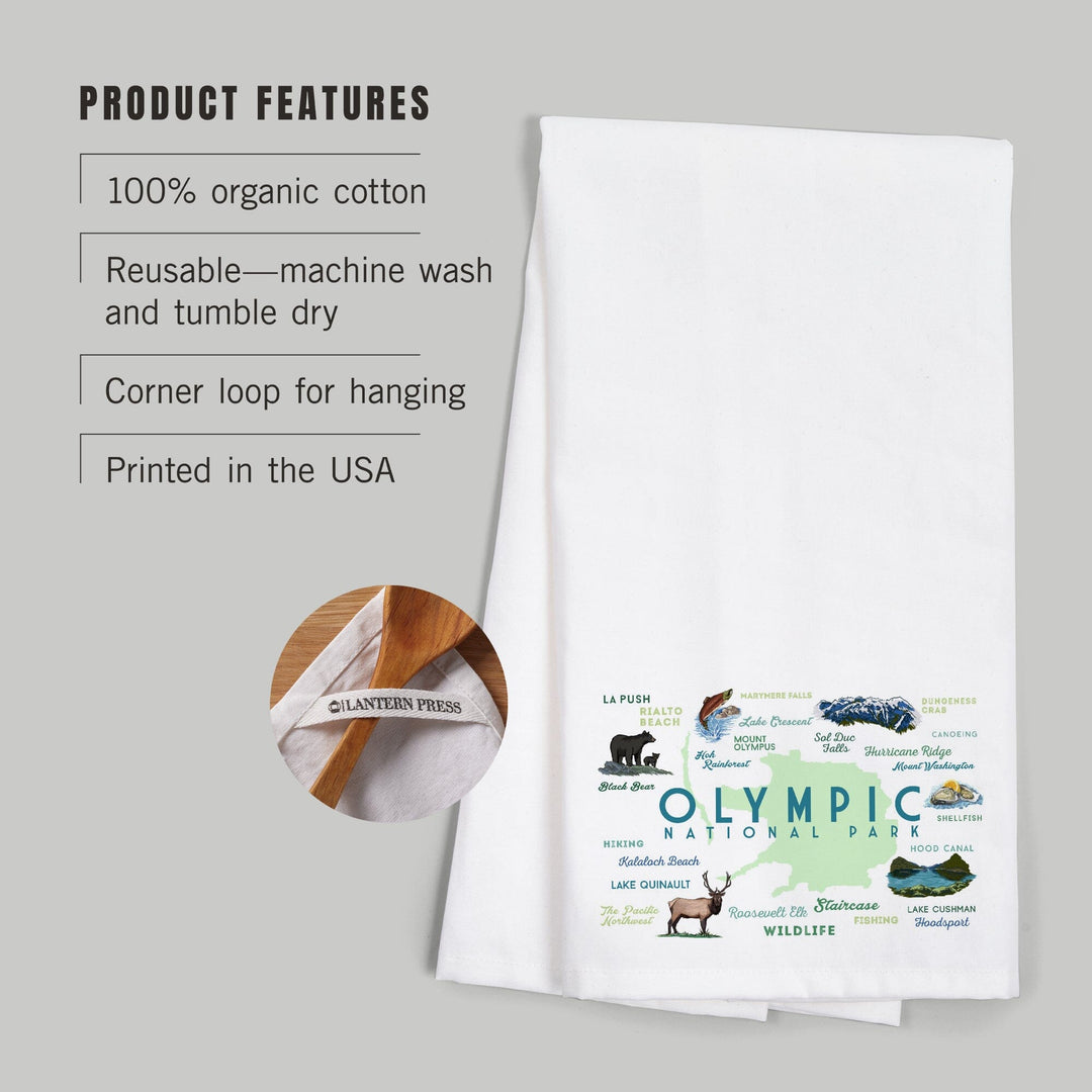 Olympic National Park, Washington, Typography and Icons, Organic Cotton Kitchen Tea Towels Kitchen Lantern Press 