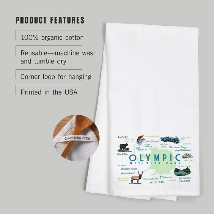 Olympic National Park, Washington, Typography and Icons, Organic Cotton Kitchen Tea Towels Kitchen Lantern Press 